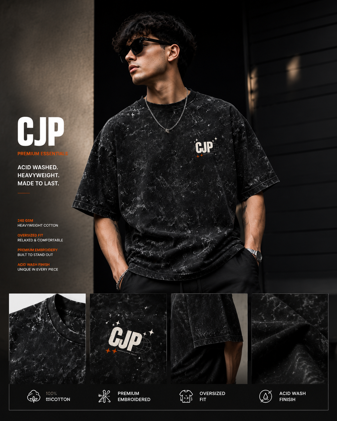 CJP™ Embroidered Acid Wash Oversized T-Shirt | 240 GSM