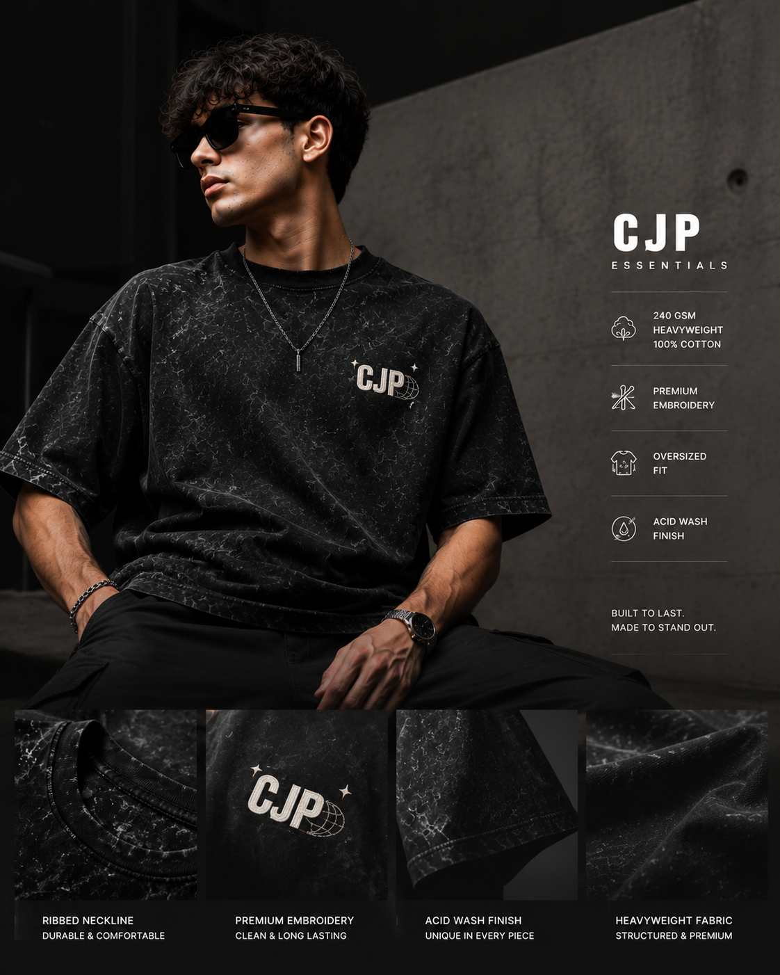 CJP™ Embroidered Acid Wash Oversized T-Shirt | 240 GSM