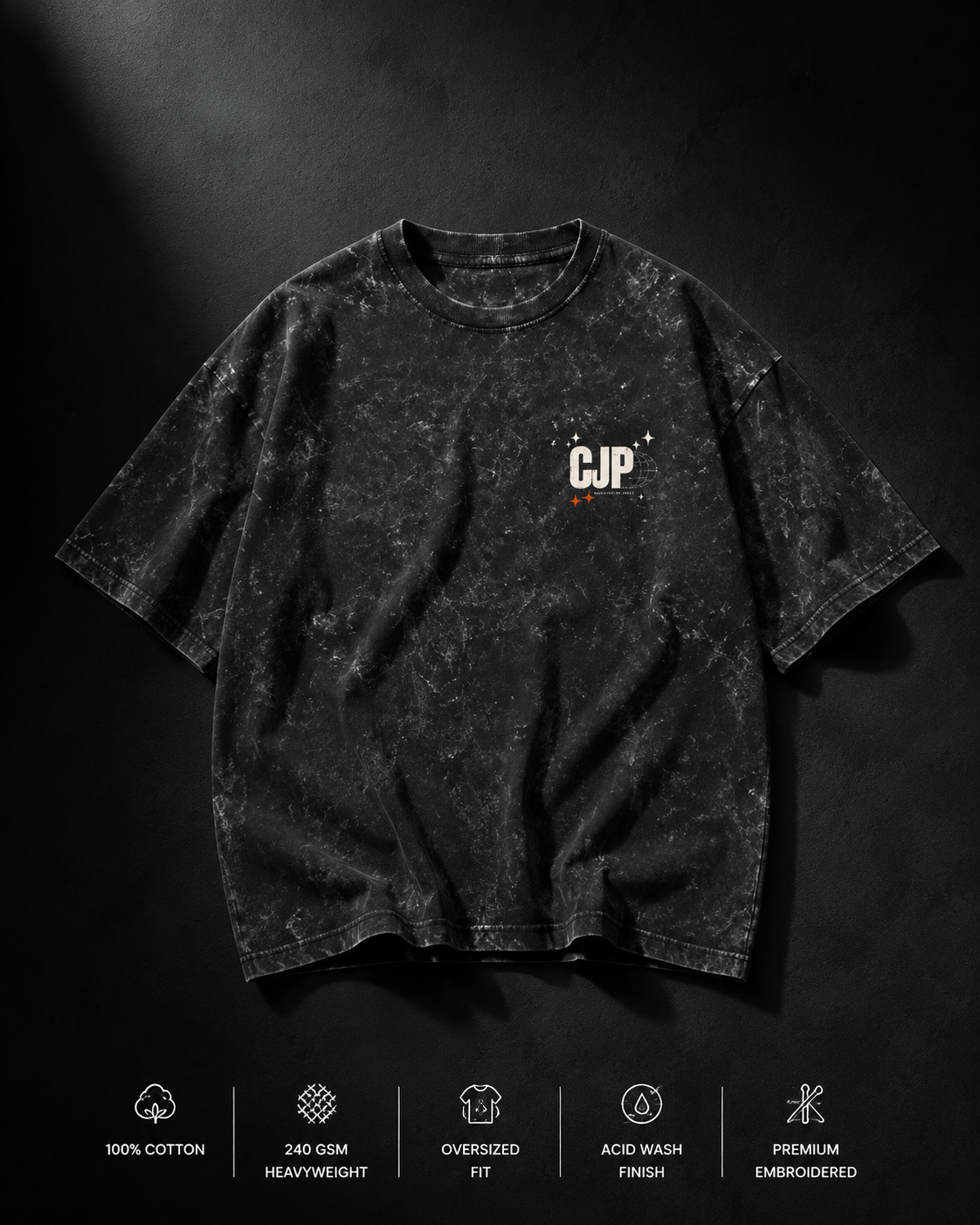 CJP™ Embroidered Acid Wash Oversized T-Shirt | 240 GSM